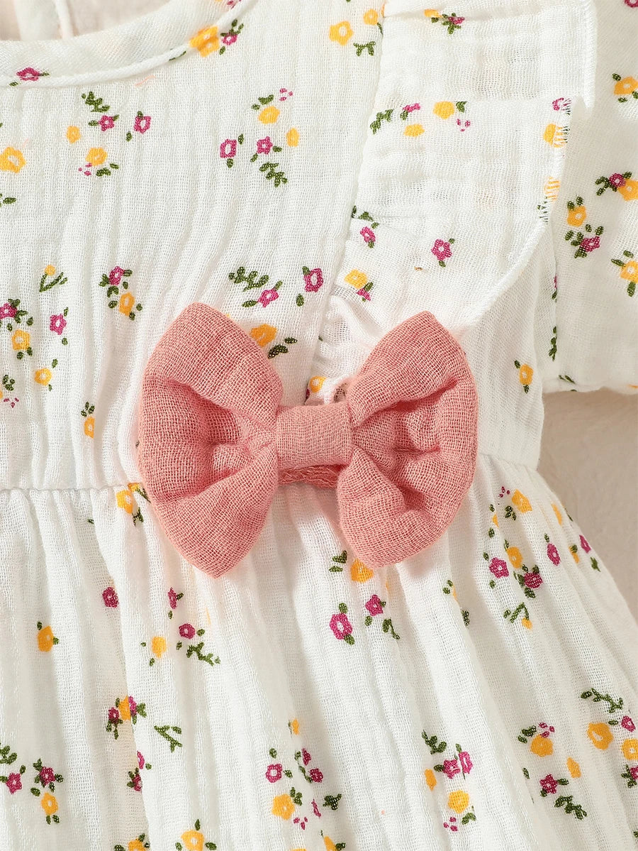 Baby Newborn-9M Short Sleeve Summer 2024 Girl's Print HEART With Bow Jumpsuit Streetwear+Headband