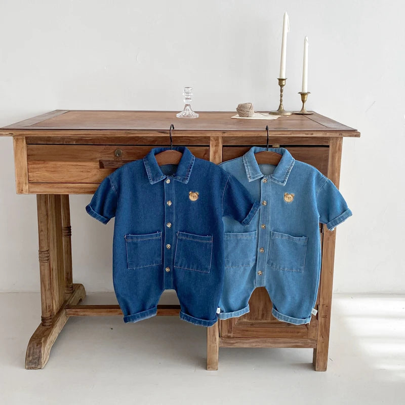 Korean Style Newborn Bodysuit Baby Jumpsuit Boy Girl Autumn Outdoors Bear Prints Denim Romper 0-2yrs