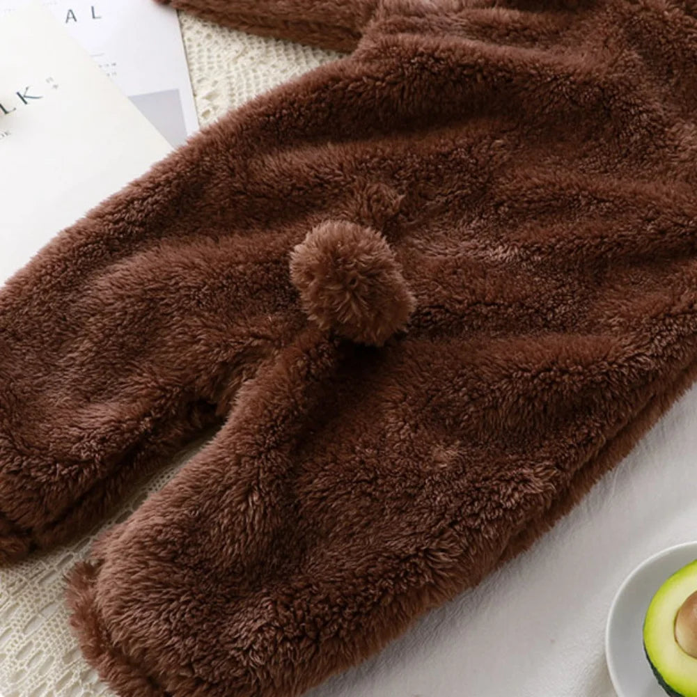 Winter Baby Rompers Girls Solid Fleece Warm Soft Bear Ear Jumpsuit Infant Hooded Long Sleeve Skin-Friendly Rompers Baby Clothes