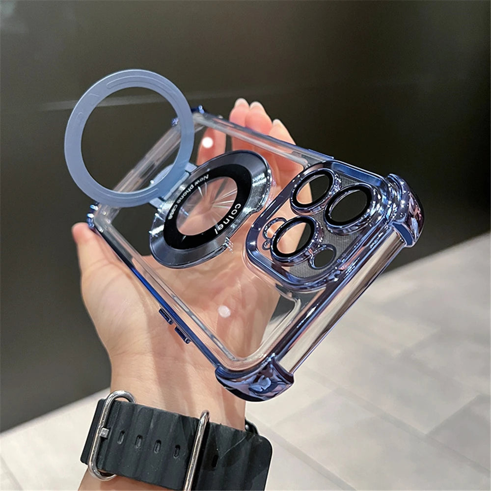 Luxury Plating Shockproof Magnetic Bracket For Magsafe Clear Case For iPhone With Holder Stand Cover