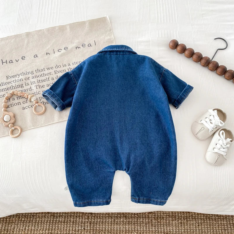 Korean Style Newborn Bodysuit Baby Jumpsuit Boy Girl Autumn Outdoors Bear Prints Denim Romper 0-2yrs