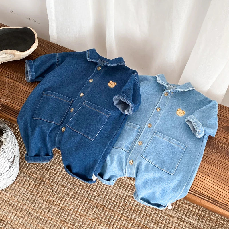 Korean Style Newborn Bodysuit Baby Jumpsuit Boy Girl Autumn Outdoors Bear Prints Denim Romper 0-2yrs