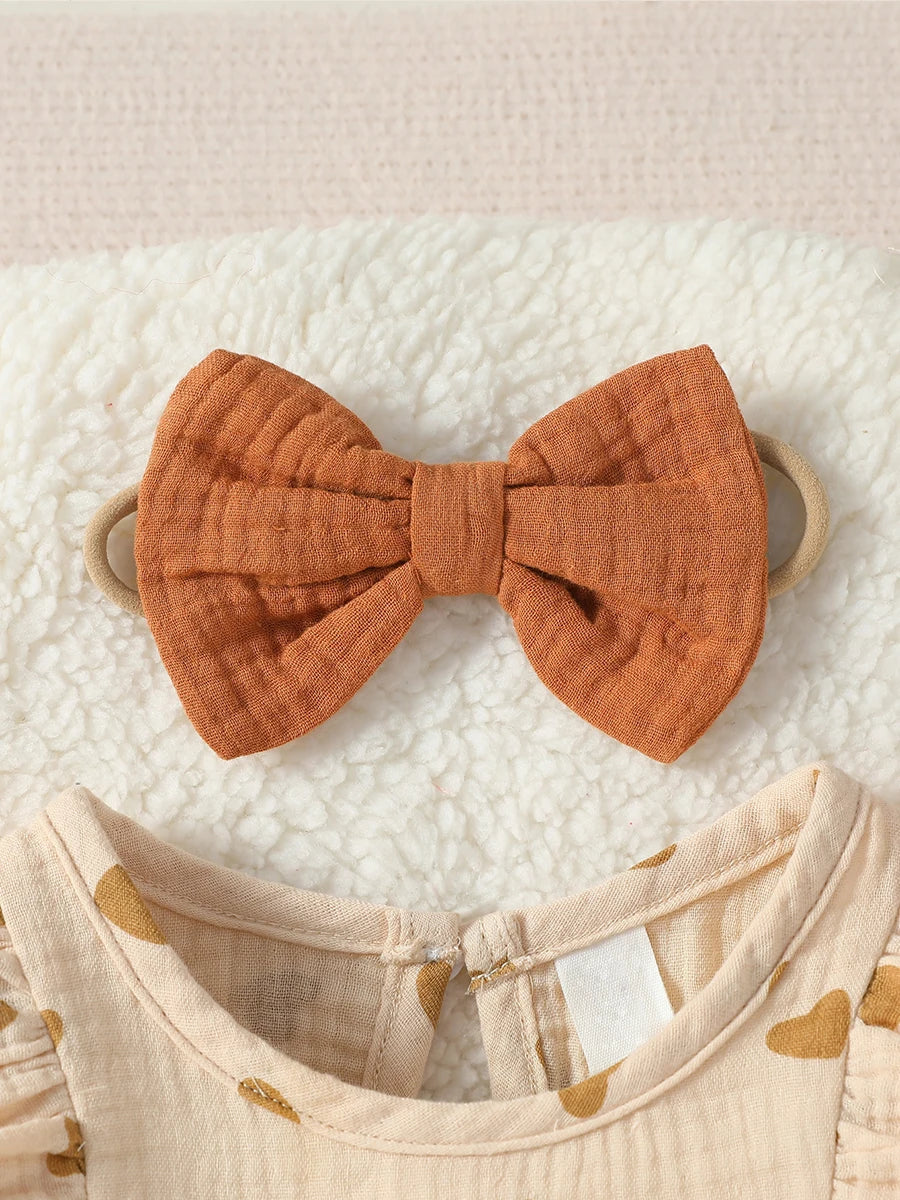 Baby Newborn-9M Short Sleeve Summer 2024 Girl's Print HEART With Bow Jumpsuit Streetwear+Headband