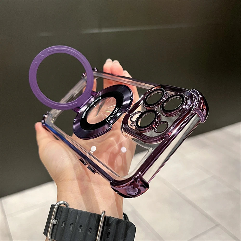 Luxury Plating Shockproof Magnetic Bracket For Magsafe Clear Case For iPhone With Holder Stand Cover