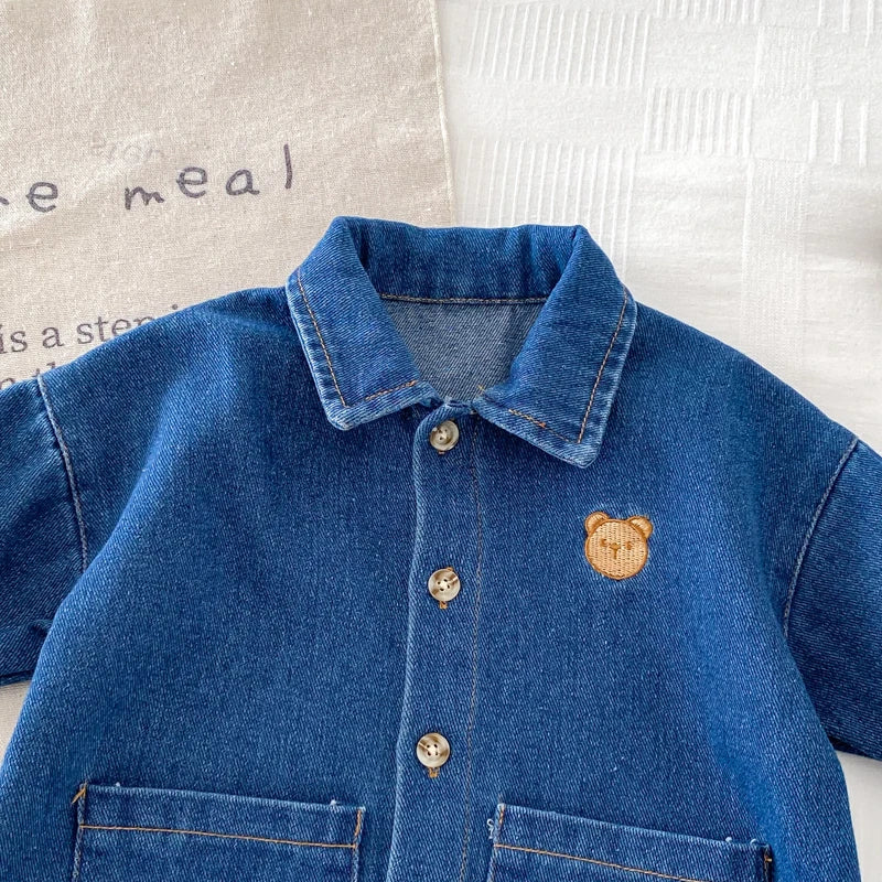 Korean Style Newborn Bodysuit Baby Jumpsuit Boy Girl Autumn Outdoors Bear Prints Denim Romper 0-2yrs