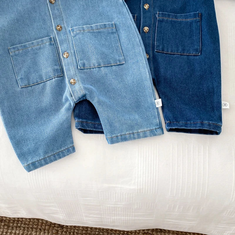 Korean Style Newborn Bodysuit Baby Jumpsuit Boy Girl Autumn Outdoors Bear Prints Denim Romper 0-2yrs