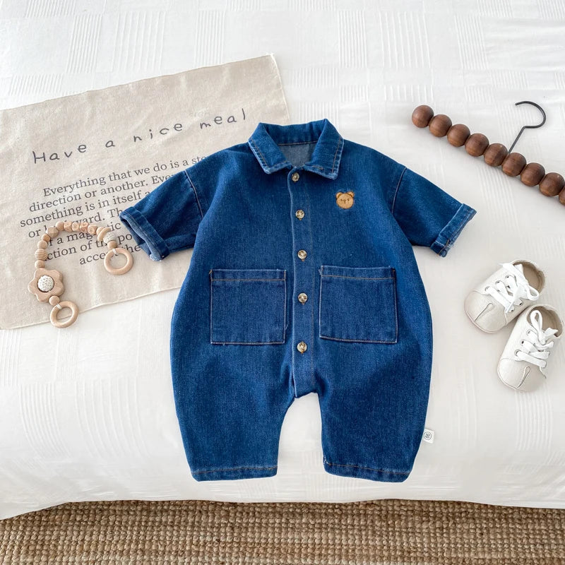 Korean Style Newborn Bodysuit Baby Jumpsuit Boy Girl Autumn Outdoors Bear Prints Denim Romper 0-2yrs