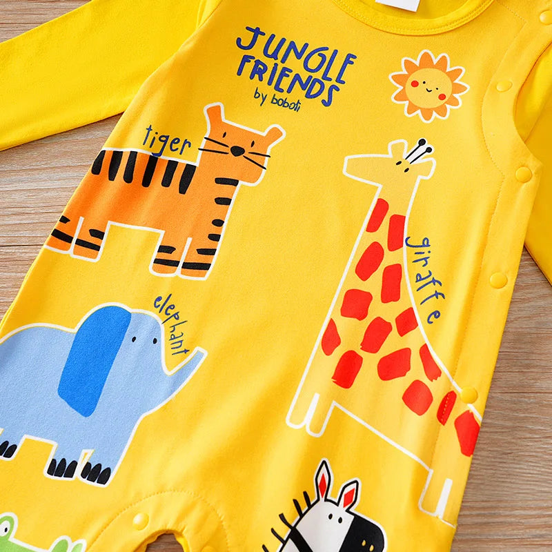 Infant yellow cute cartoon animal Print 0-12M Bodysuit Spring and Autumn comfort Long Sleeve Baby one-piece foot covered pajamas