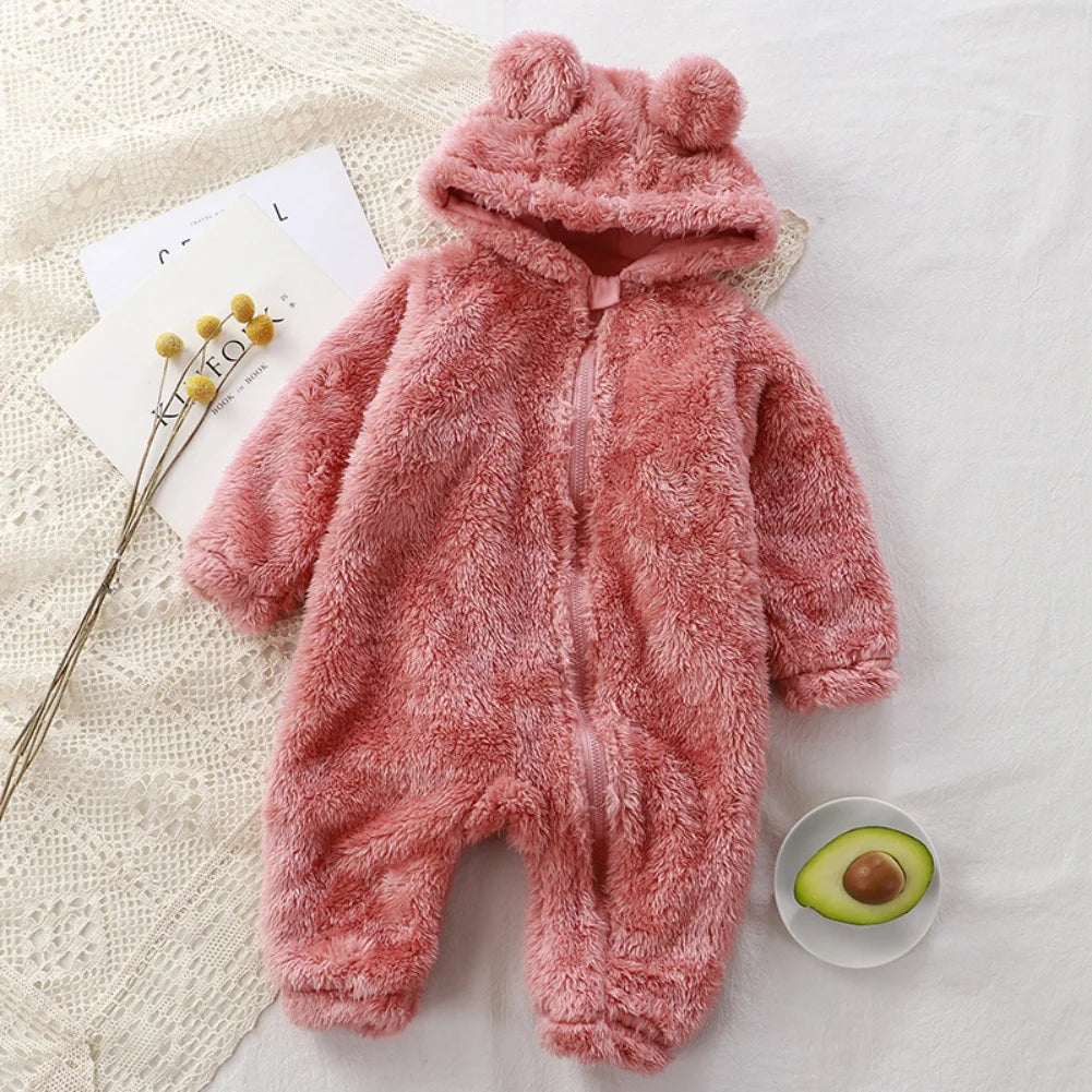 Winter Baby Rompers Girls Solid Fleece Warm Soft Bear Ear Jumpsuit Infant Hooded Long Sleeve Skin-Friendly Rompers Baby Clothes