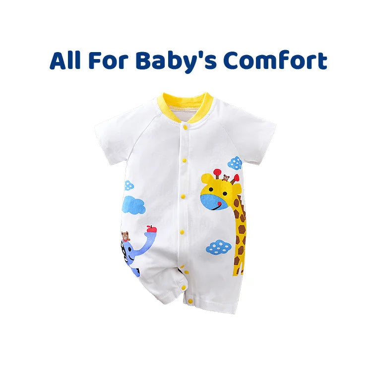 Summer Boys and Girls Cute Cartoon Animal Print All Cotton Casual Comfortable Short Sleeve Baby Clothing Bodysuit
