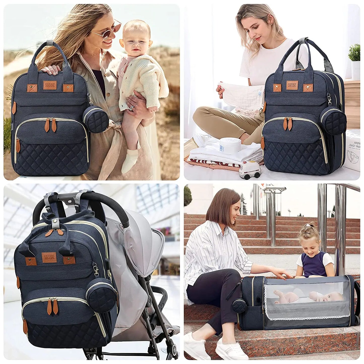 3 In 1 Diaper Bag Backpack Foldable Baby Bed Waterproof Travel Bag with USB Charge Diaper Bag Backpack with Changing Bed