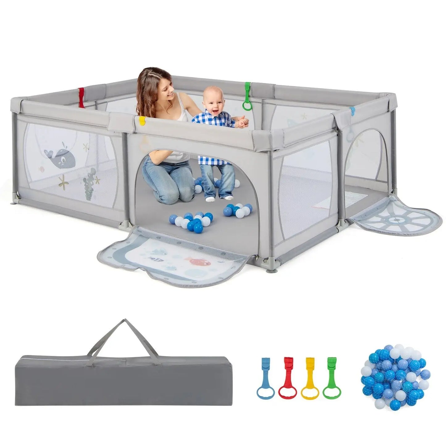 DORTALA Large Baby Playpen Kids Activity Center w/ 50 PCS Ocean Balls Infant Safety Gate