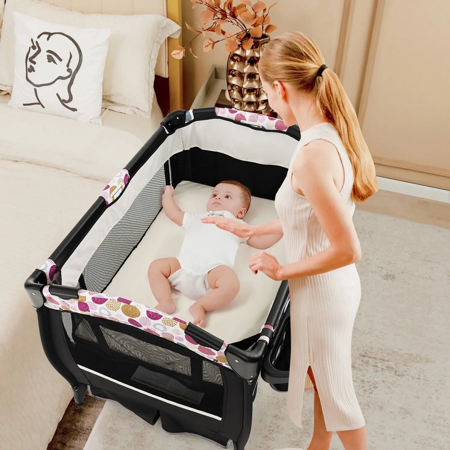 4 in 1 Baby Crib Bassinet Bed Infant Changing Table Portable Nursery Play Center