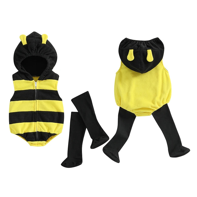 Bee Costume Sleeveless Stripes Hooded Romper Long Socks Set