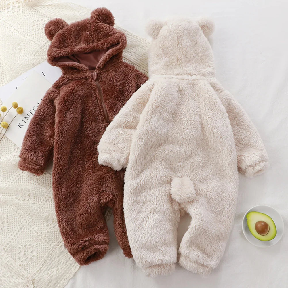 Winter Baby Rompers Girls Solid Fleece Warm Soft Bear Ear Jumpsuit Infant Hooded Long Sleeve Skin-Friendly Rompers Baby Clothes