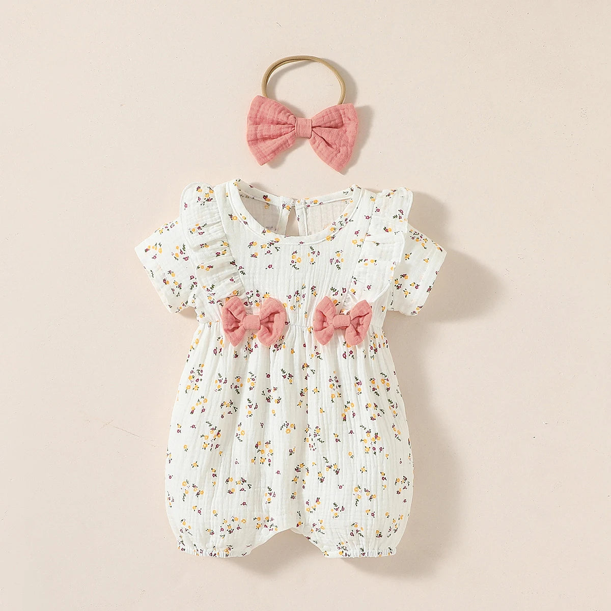 Baby Newborn-9M Short Sleeve Summer 2024 Girl's Print HEART With Bow Jumpsuit Streetwear+Headband