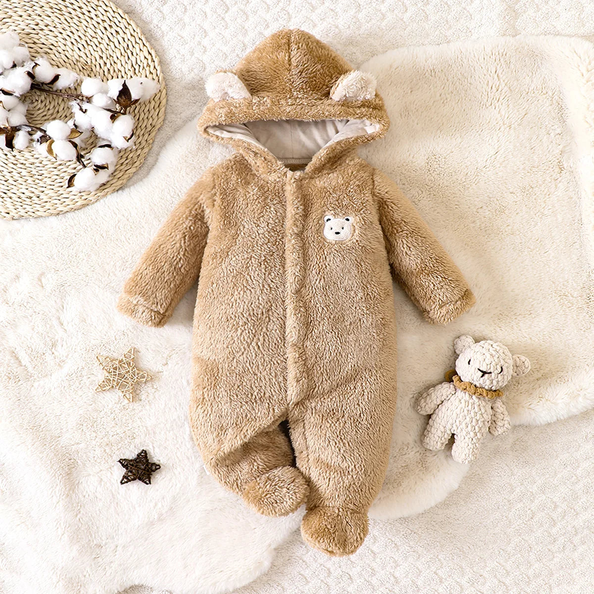 hibobi Winter Children's Cotton Jumpsuit Bear Shape Hooded Long-Sleeved Plush Romper Suitable For Children Under One Year Old