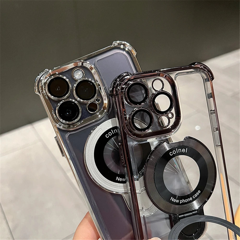 Luxury Plating Shockproof Magnetic Bracket For Magsafe Clear Case For iPhone With Holder Stand Cover