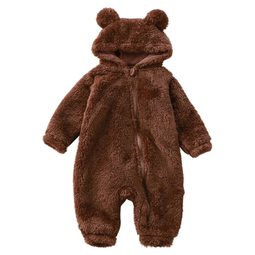 Winter Baby Rompers Girls Solid Fleece Warm Soft Bear Ear Jumpsuit Infant Hooded Long Sleeve Skin-Friendly Rompers Baby Clothes
