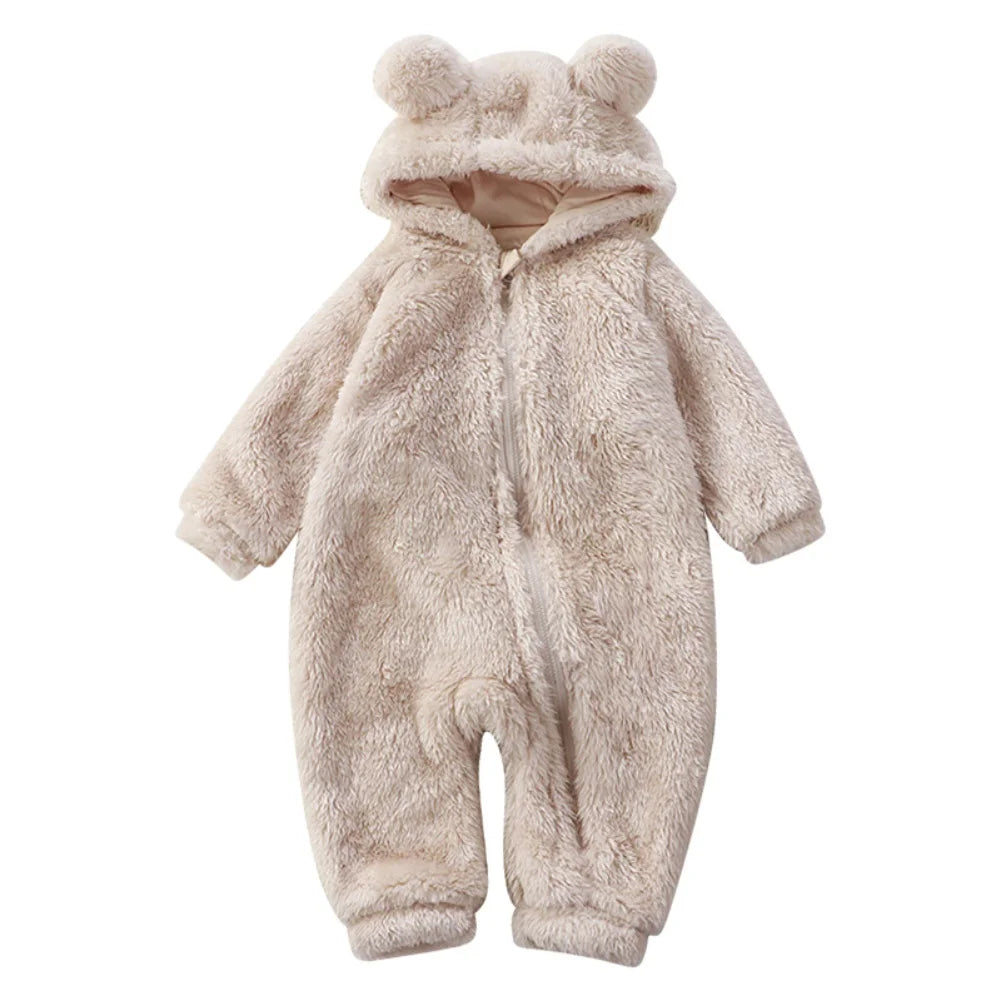 Winter Baby Rompers Girls Solid Fleece Warm Soft Bear Ear Jumpsuit Infant Hooded Long Sleeve Skin-Friendly Rompers Baby Clothes