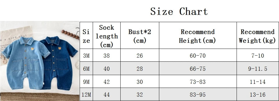 Korean Style Newborn Bodysuit Baby Jumpsuit Boy Girl Autumn Outdoors Bear Prints Denim Romper 0-2yrs