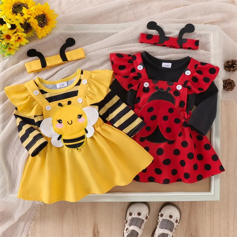 Autumn Skirt  Sets Flying Sleeve Romper Bee/Beetle Embroidery
