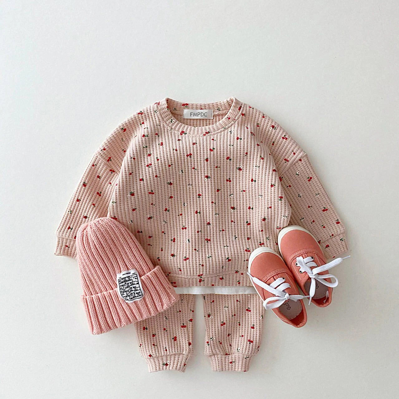 Spring and Autumn Newborn Boys and Girls Round Neck Fruit Cherry Print Long Sleeve Pants Two Piece Infant and Toddler Cute Set