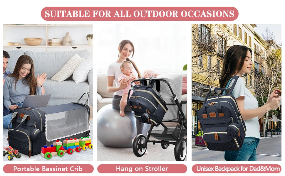 3 In 1 Diaper Bag Backpack Foldable Baby Bed Waterproof Travel Bag with USB Charge Diaper Bag Backpack with Changing Bed