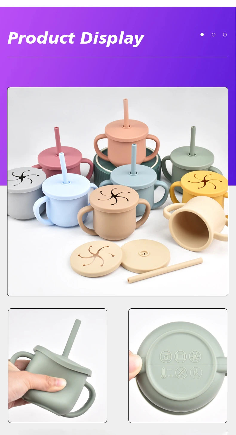 Baby Silicone Double Handle Straw Cup Anti-Scalding&Anti-Fall