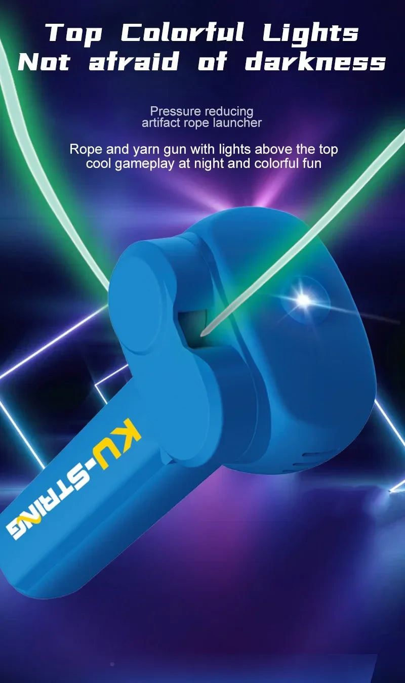 Blue rope launcher with colorful lights on a dark background, featuring the brand 'KULT STRINGS'.