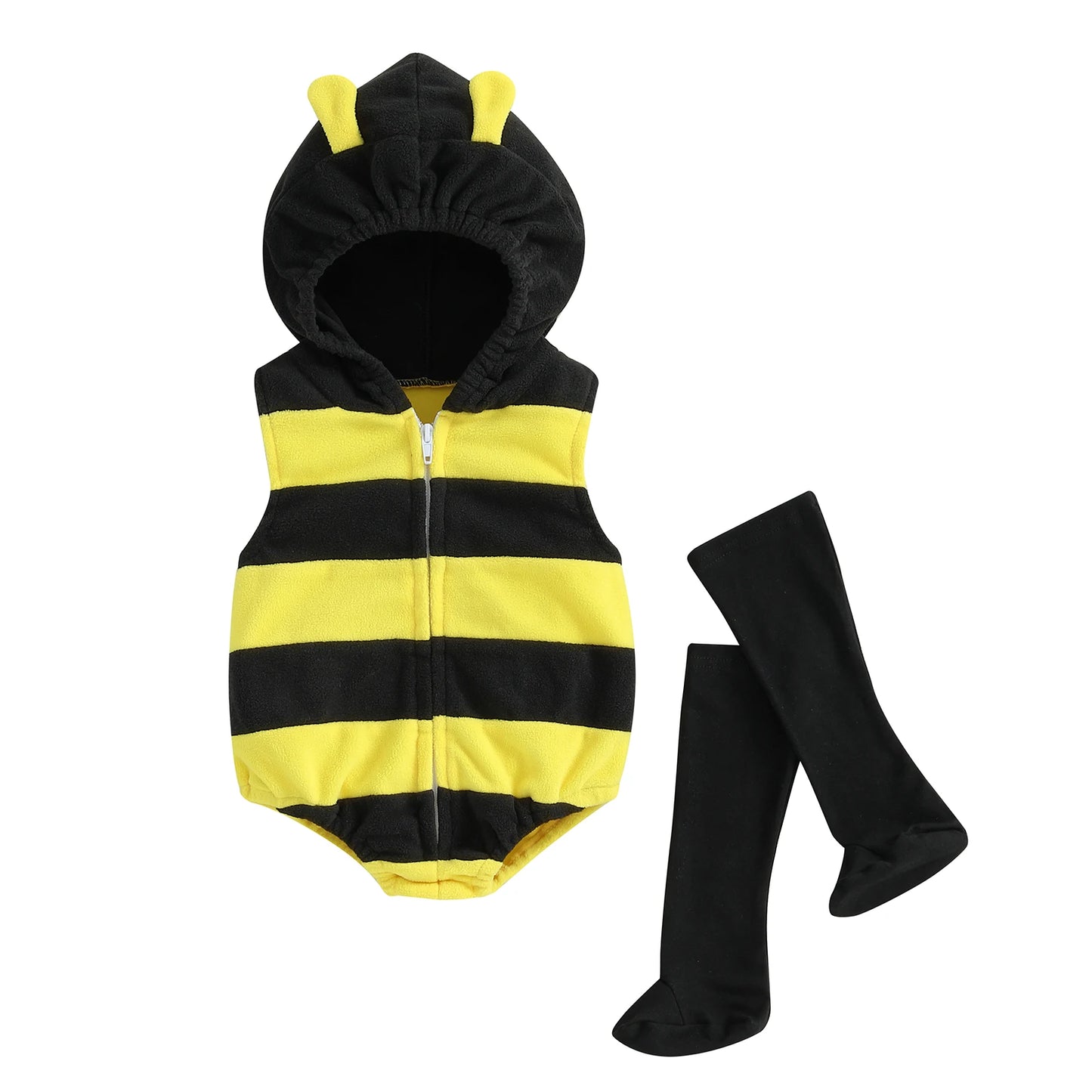 Bee Costume Sleeveless Stripes Hooded Romper Long Socks Set