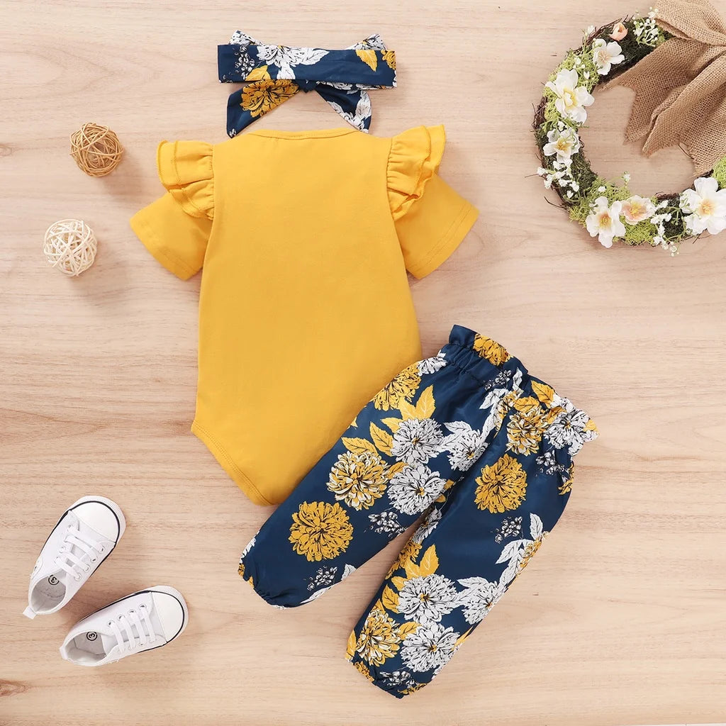 Set Short Sleeve Bodysuit+Floral Pants with Bow+Headband 3PCS Outfits for 0-18 Months