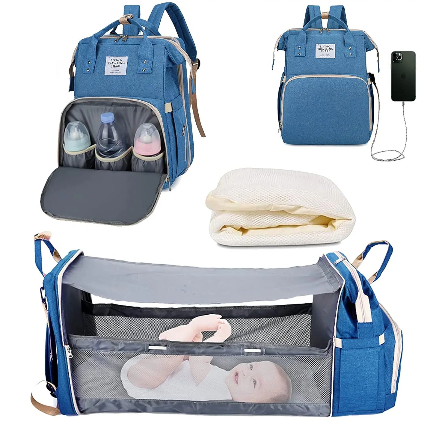 3 In 1 Diaper Bag Backpack Foldable Baby Bed Waterproof Travel Bag with USB Charge Diaper Bag Backpack with Changing Bed