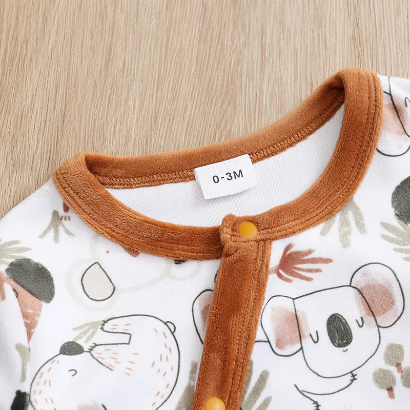 Infant's koala Print 0-18 months Bodysuit Autumn/winter plush and heavy Comfy Long Sleeve Onesie, Baby Boy's Clothing, As Gift