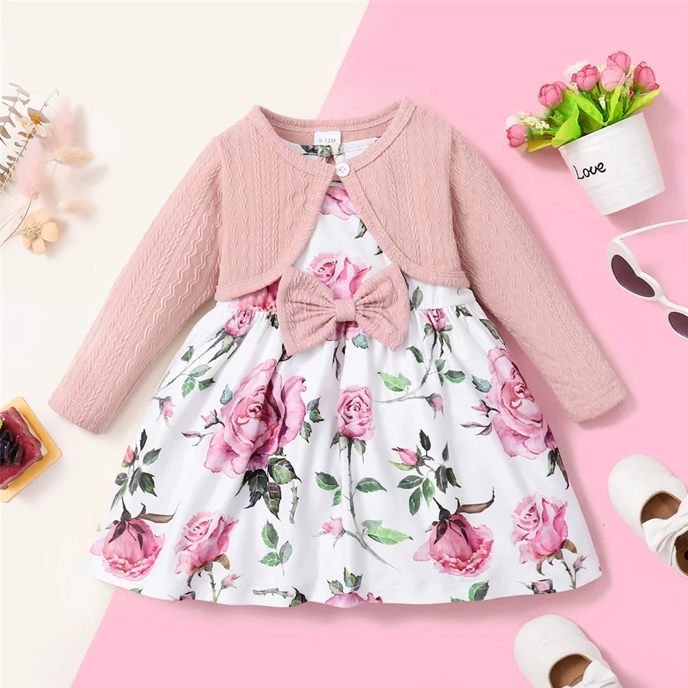 Set Pink Long Sleeves Coat+Flower Dress