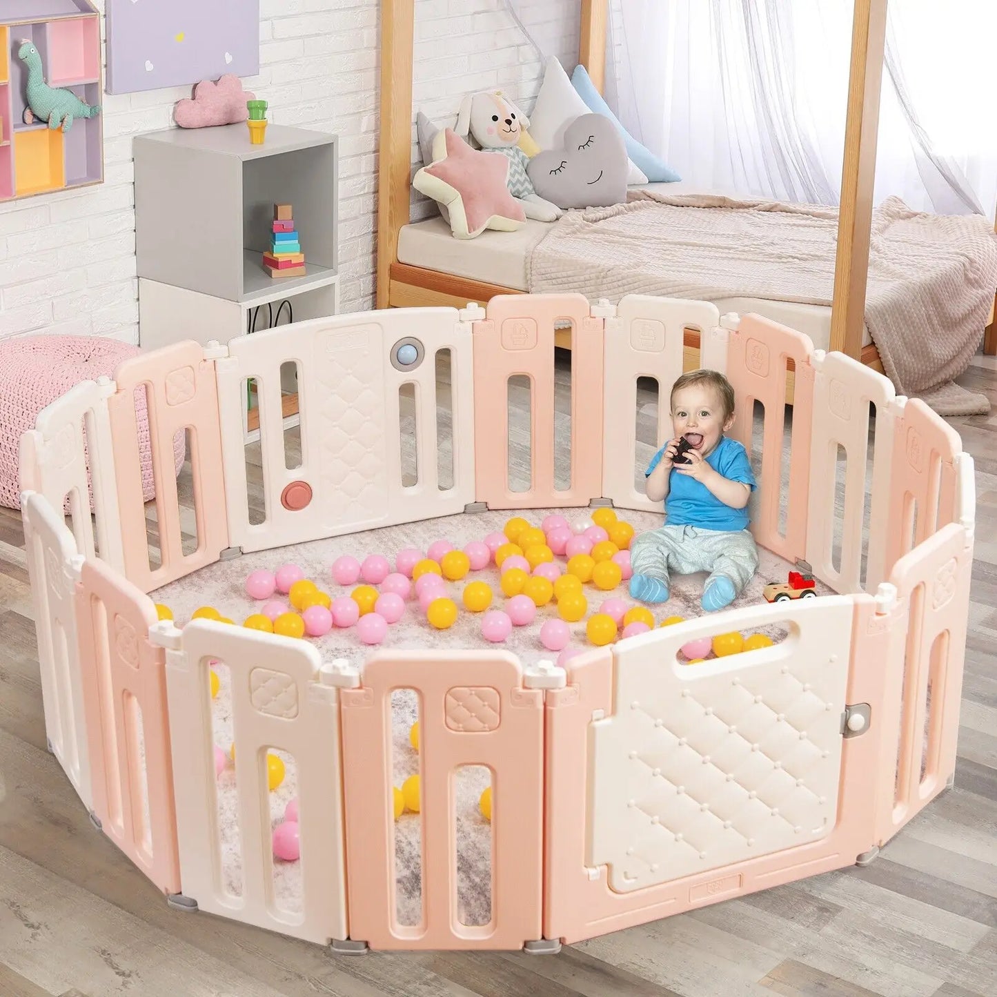 DORTALA 16 Panels Baby Safety Playpen Kids Foldable Toddler Safety Activity Play Center