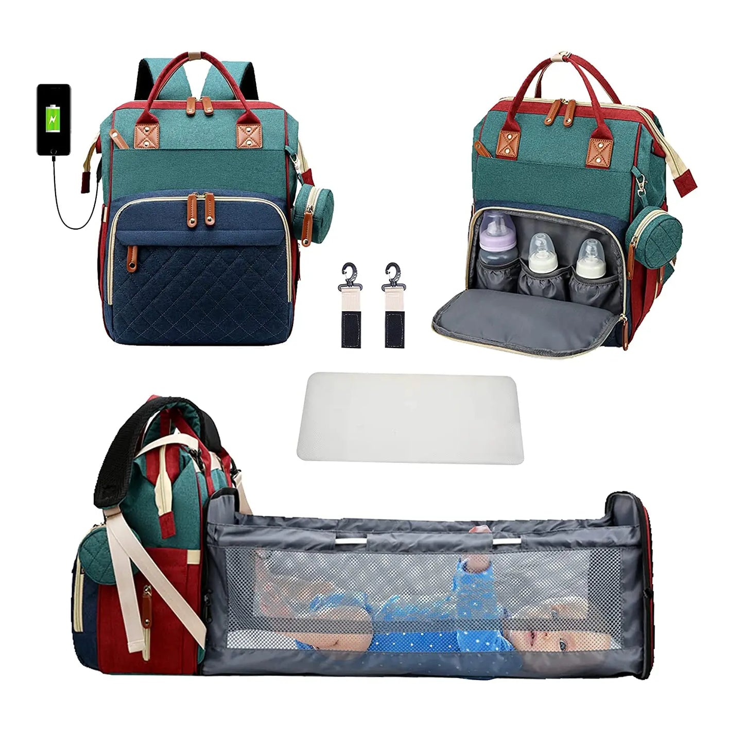 3 In 1 Diaper Bag Backpack Foldable Baby Bed Waterproof Travel Bag with USB Charge Diaper Bag Backpack with Changing Bed