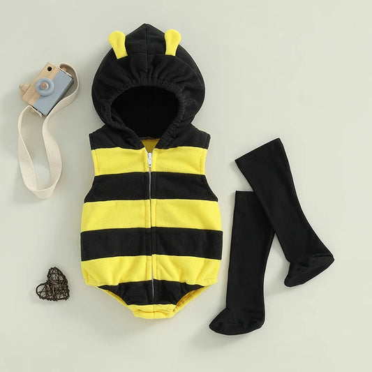 Bee Costume Sleeveless Stripes Hooded Romper Long Socks Set