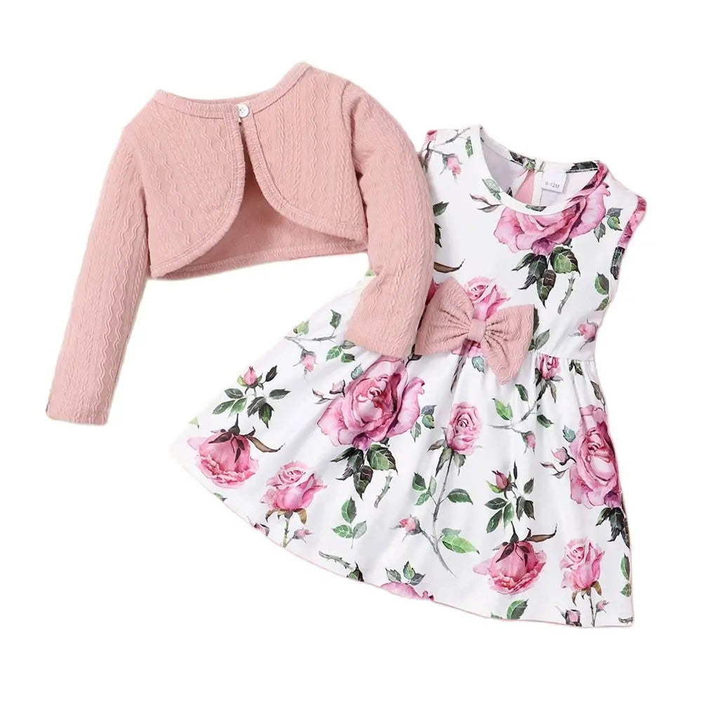 Set Pink Long Sleeves Coat+Flower Dress