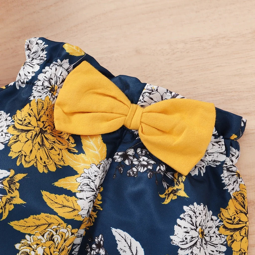 Set Short Sleeve Bodysuit+Floral Pants with Bow+Headband 3PCS Outfits for 0-18 Months