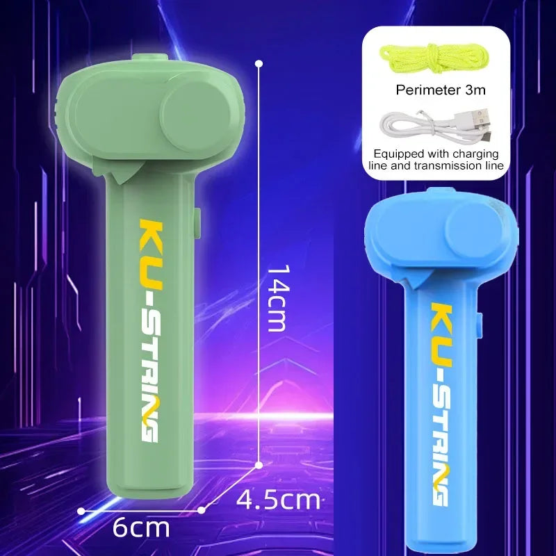 Two KU-STRING devices, one green and one blue, with measurements and product details on a futuristic background.