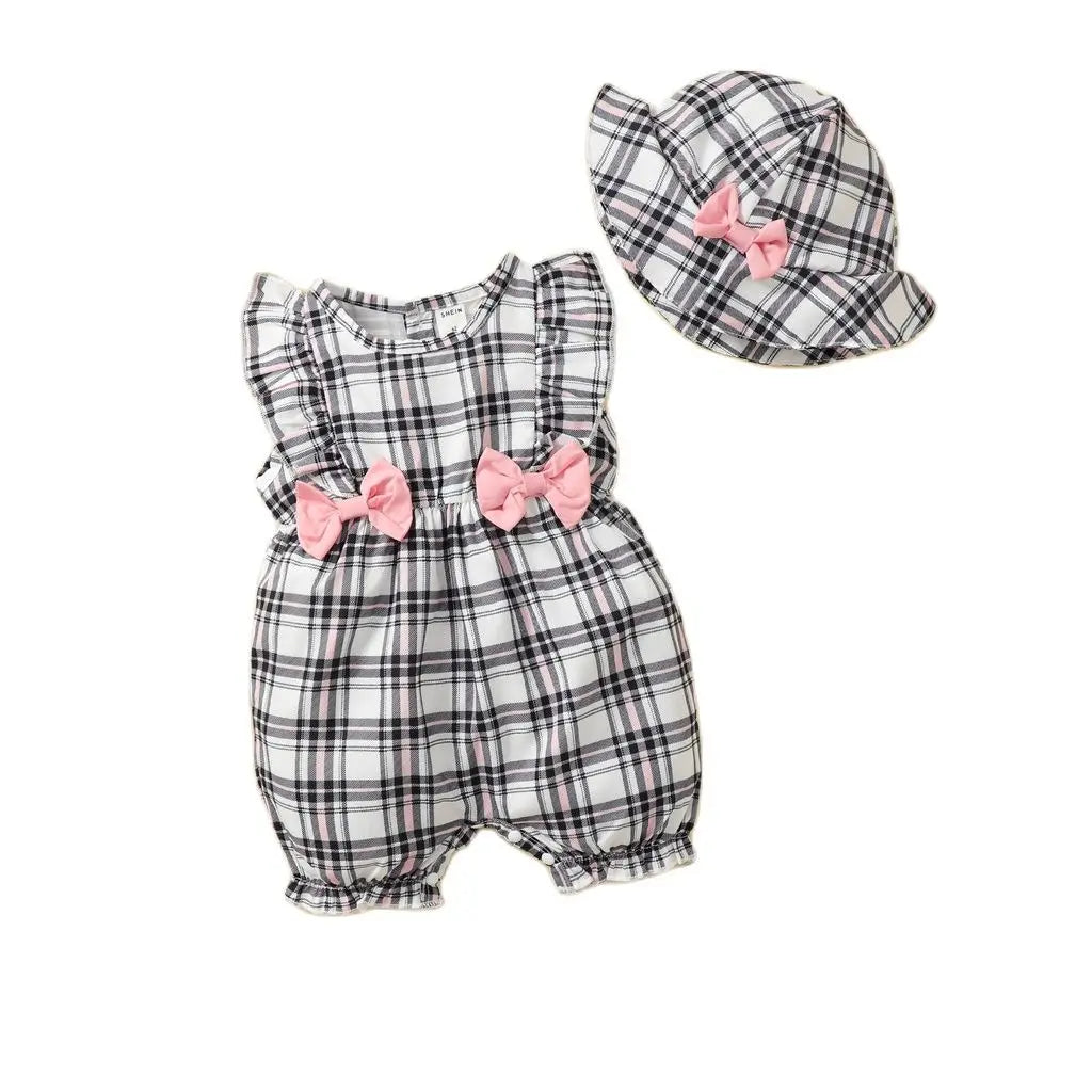 0-18 Months Plaid Design Summer Romper+Hat 2Pcs Suit Fashion