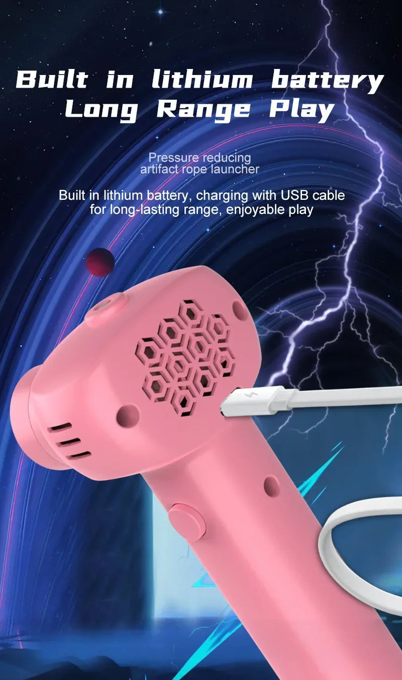 Pink handheld device with text about lithium battery and long-range play on a dark background with lightning effects.