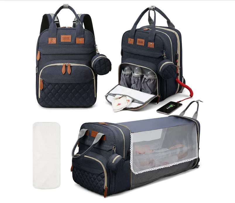 3 In 1 Diaper Bag Backpack Foldable Baby Bed Waterproof Travel Bag with USB Charge Diaper Bag Backpack with Changing Bed