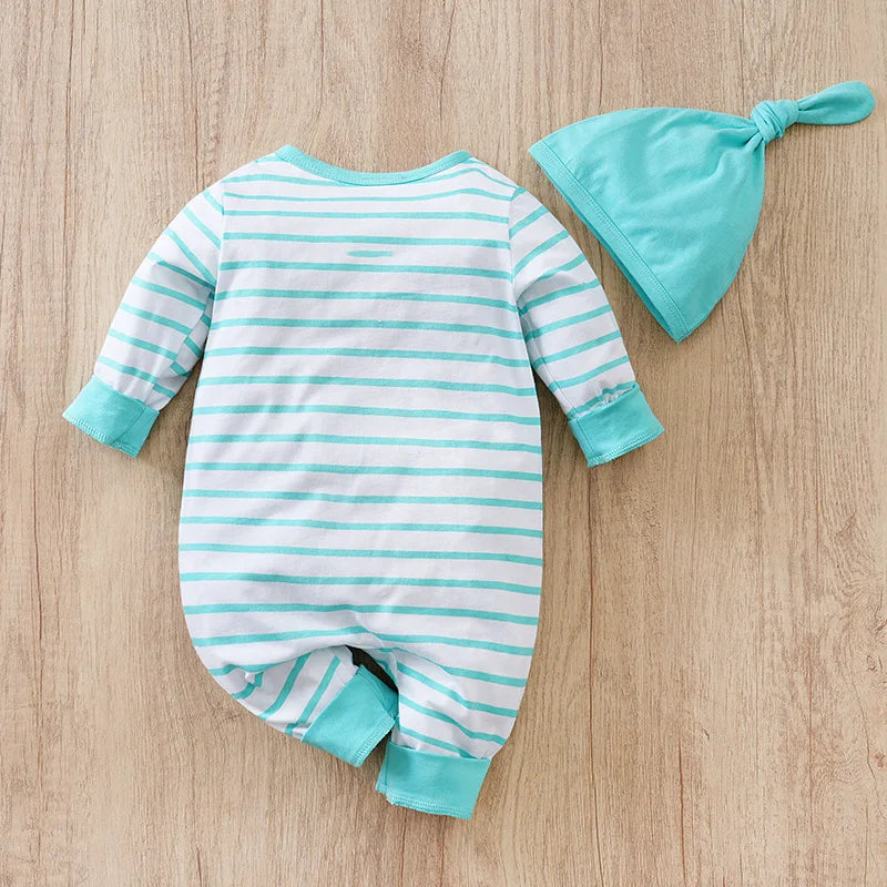 Newborn Boy And Girl Casual Simple Cute Cartoon Crocodile Striped Hat Two-Piece Set Green Spring And Autumn LongSleeved Jumpsuit