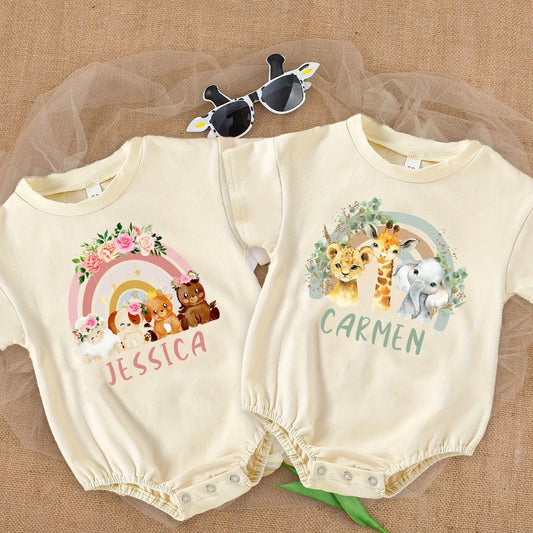 Personalised Rainbow with Name Bubble Romper Infant Jungle Birthday Party Clothes Baby Oversized Bodysuit Cute Wild One Jumpsuit