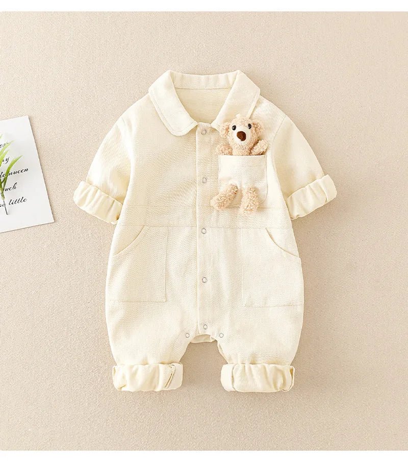 Spring Denim Baby Jumpsuit Cartoon Pocket Bear Romper for Boys Girls Newborn Overalls Korean Style Onesie Autumn Kids Clothing