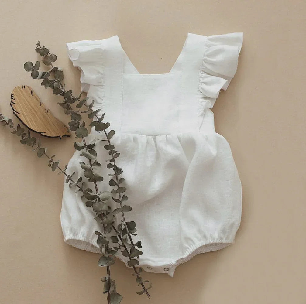 Summer Baby Girls Rompers Ruffles Romper Cotton Linen Fabric Sleeveless Strap Newborn Infant Romper Clothes