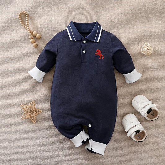 Spring And Autumn Boys And Girls' Literary Style Pony Embroidered Cotton Comfortable Long Sleeve Baby Bodysuit
