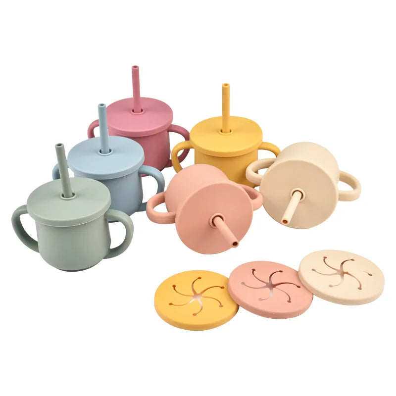 Baby Silicone Double Handle Straw Cup Anti-Scalding&Anti-Fall